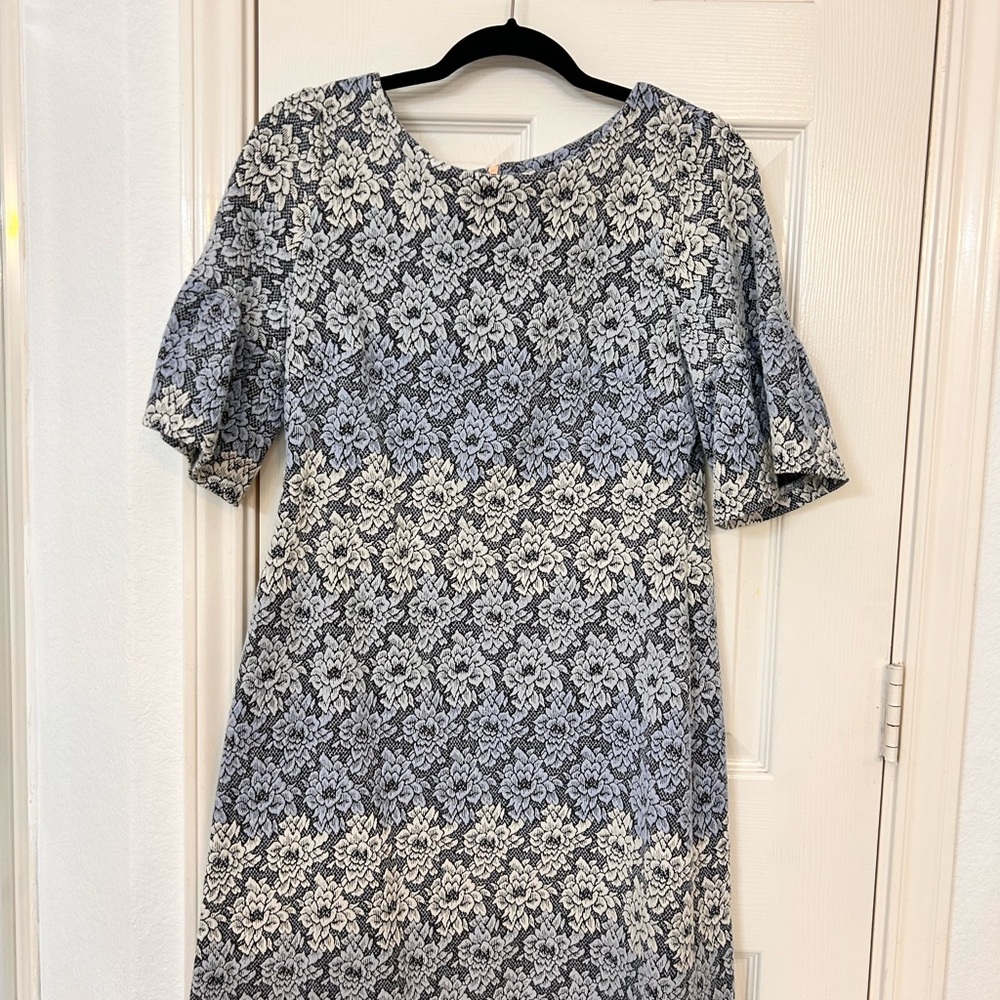 Grey, light blue, beige dress. Size 10